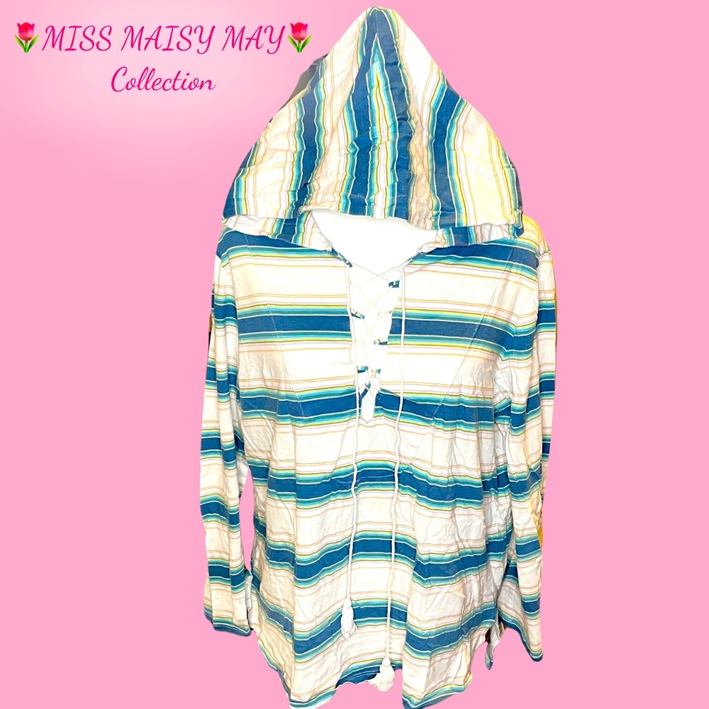 🏄‍♀️Ladies BAJA Beach Pullover, 💯% Cotton, LG, crisscross deep V, hoodie Surf